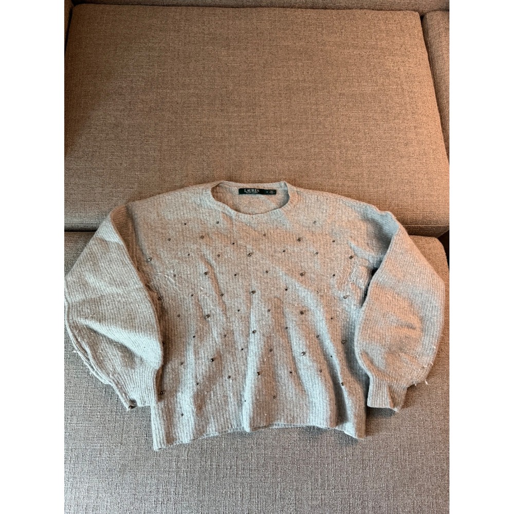 Lauren Ralph Lauren Gray Rhinestone Embellished Puff Sleeve Ribbed Sweater M